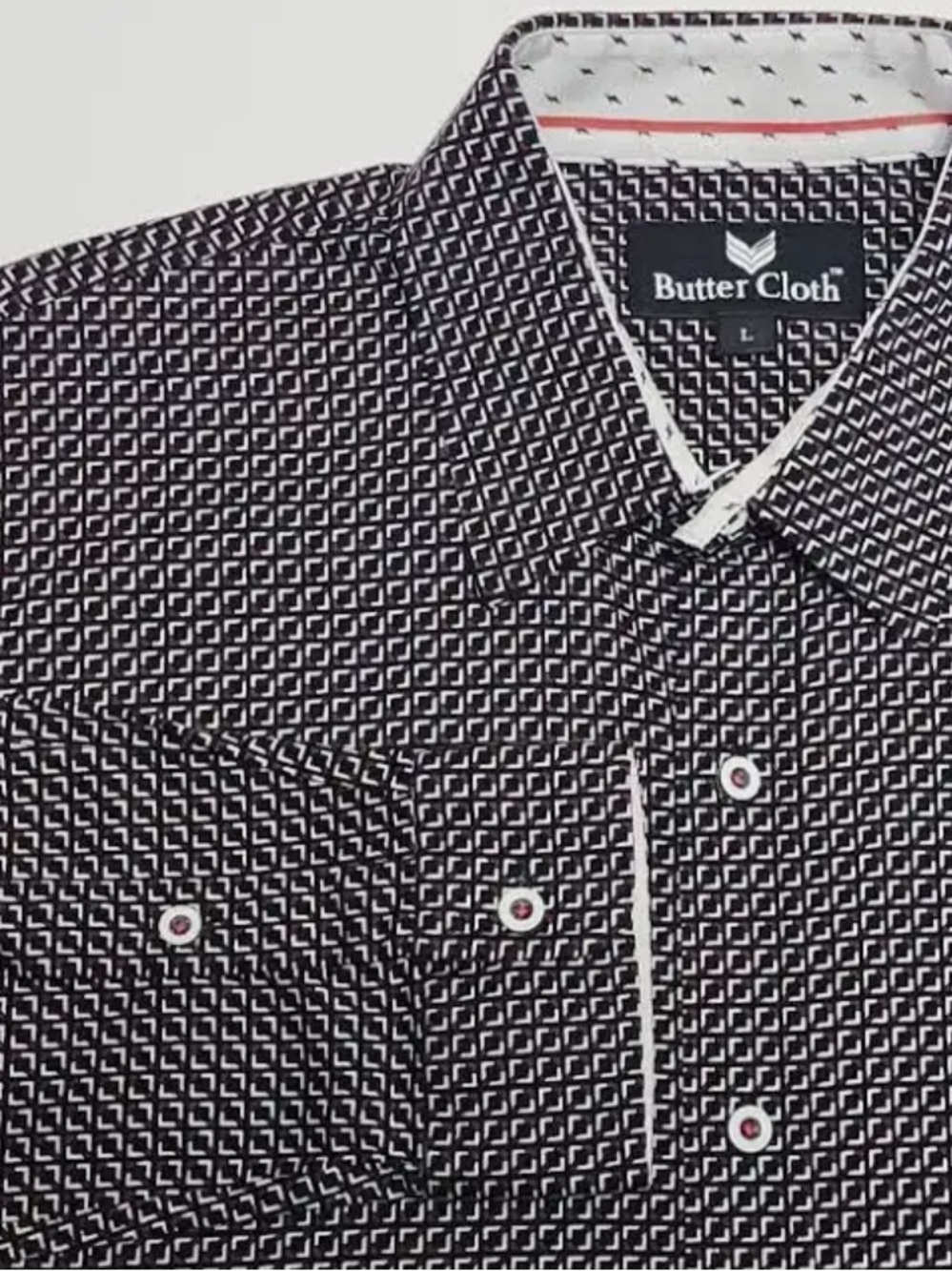 ButterCloth Checkmate Button Down Shirt Mens Large Black Red Geometric Stretch